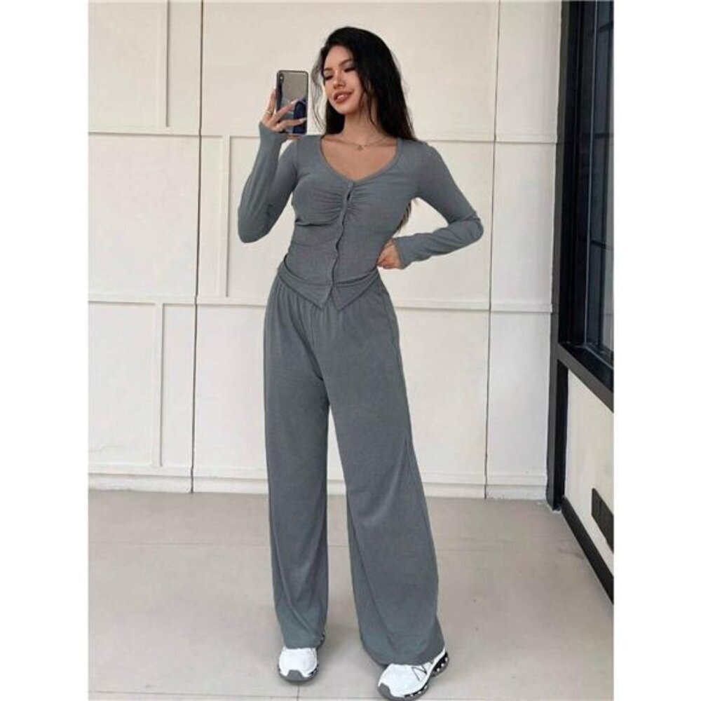 Button-Down Top & Wide Leg Pants Set - Picture 5 of 6